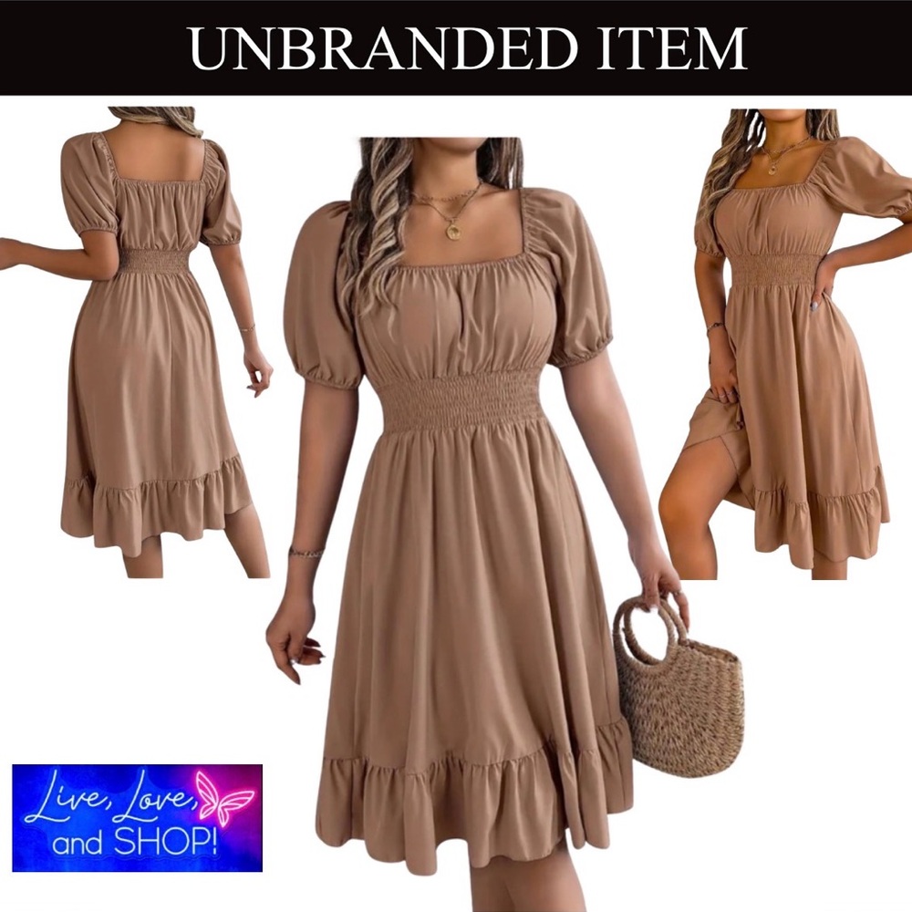 DRESS: Khaki Square Necked Short Sleeve Dress w/Cinched Waist & Ruffled Hem, EUC